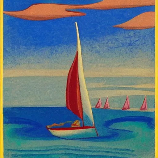 Prompt: Sailing in the Aegean Sea by Mount Athos in the style of Nikolai Roerich