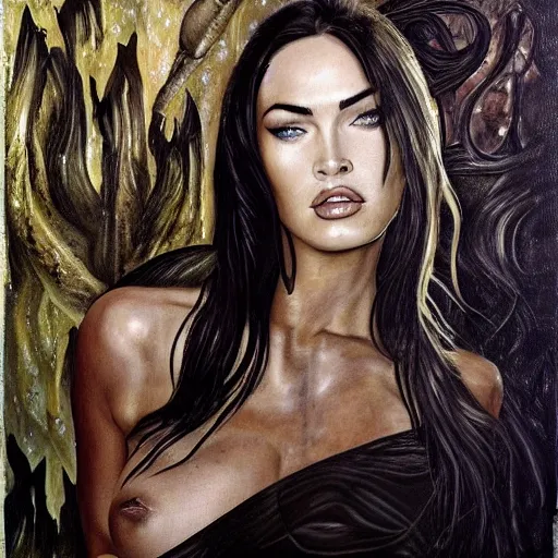 Prompt: megan fox, painting by Giger