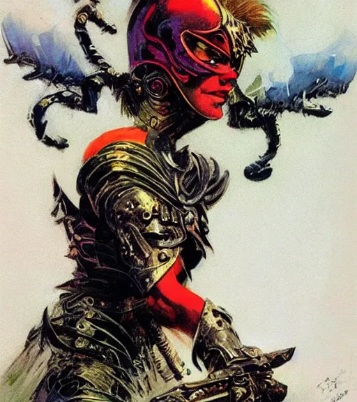 Image similar to portrait of strong female chaos angel, beautiful! coherent! by frank frazetta, by brom, strong line, vivid neon color, spiked metal armor, iron helmet maximalist