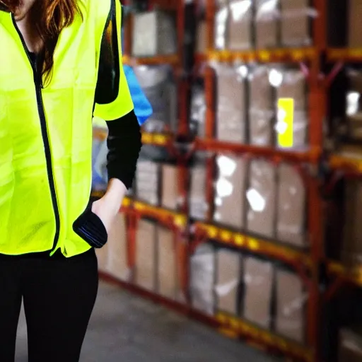 Image similar to photo, close up, emma watson in a hi vis vest, in warehouse, android cameraphone, 2 6 mm,