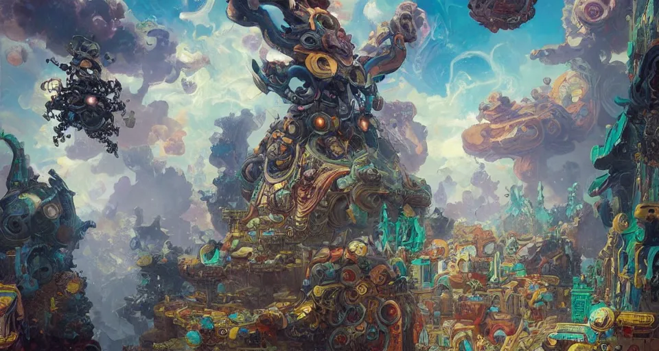 Image similar to multiversal otherworldly realm with flying mecha octopus with chic streets and shops and lush volcanic garden and intricate luxurious scifi homes, allegorical style, by peter mohrbacher, jeremy mann, francoise nielly, van gogh, ross tran, beautiful, award winning scenery