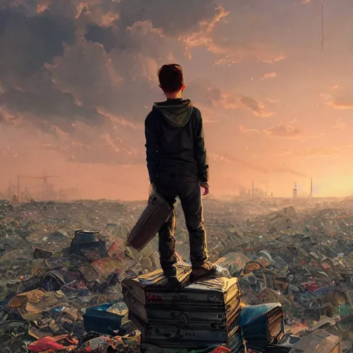 Image similar to kid standing on pile of cars on garbage dump, wasteland city, sunset sky, nostalgia feeling, greg rutkowski, alphonse mucha, trending on artstation, 4 k highly detailed art, digial art, karl schulschenk, dmitriy eremenkov