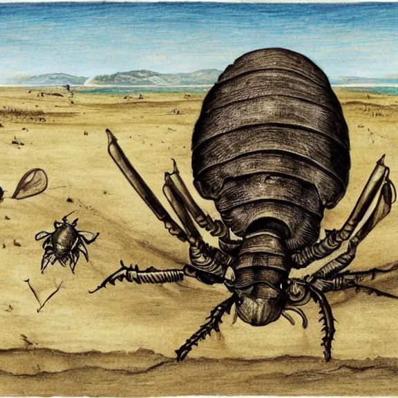 Prompt: a detailed, intricate drawing of a rhinoceros beetle rhinceros on a beach, by albrecht durer