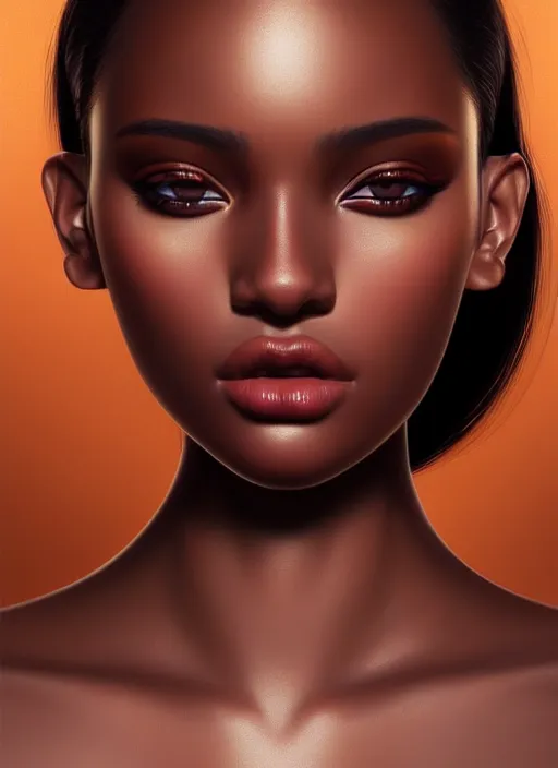 Image similar to portrait of modern model, intricate, sharp focus, octane render, brown skin, so real, detailed, beautiful, unreal engine, symmetrical!!, maybelline, sephora, loreal, artstation, art by artgerm, rossdraws, art by karol bak, makeup by pat mcgrath, cinematic, concept art, filmic, vsco