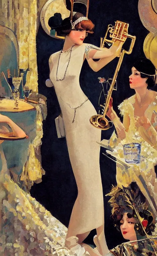 Prompt: an oil painting depicting high society life in the Jazz Age, Fitzgerald, 1920s style, The Great Gatsby, smooth, by Francis Coates Jones, Coles Phillips, Dean Cornwell, JC Leyendecker