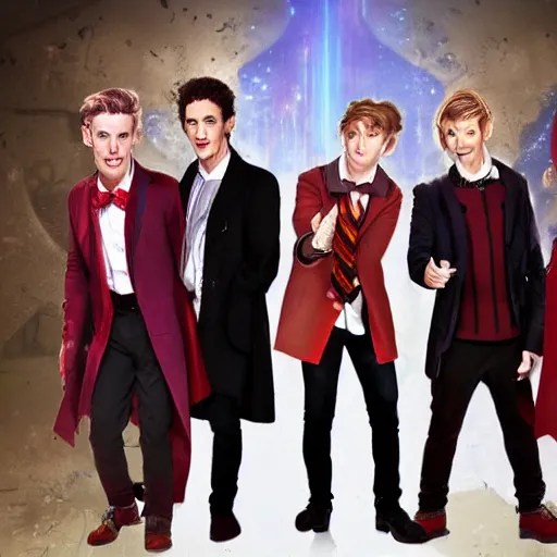 Image similar to doctor who characters in a boy band on stage