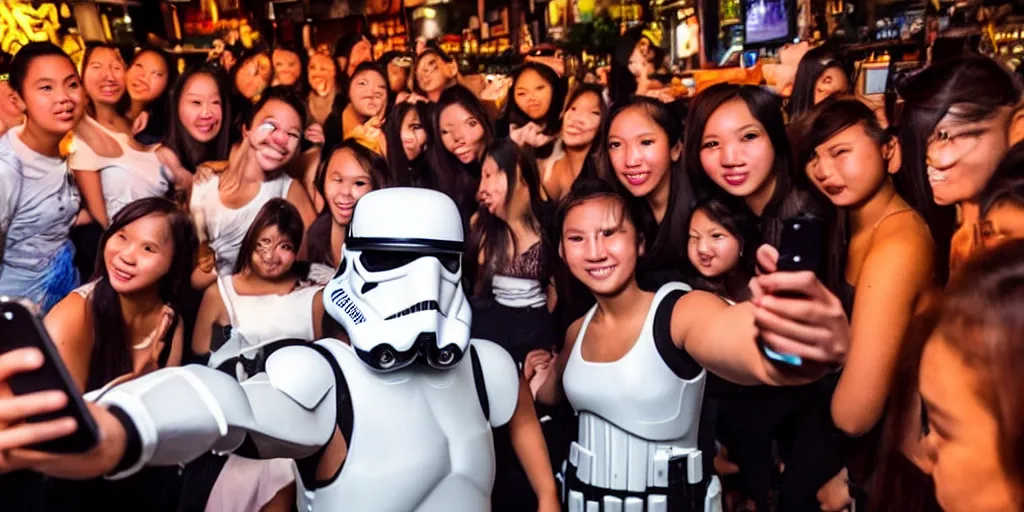 Image similar to storm trooper taking a selfie with a group of girls at a bar in bangkok thailand at night