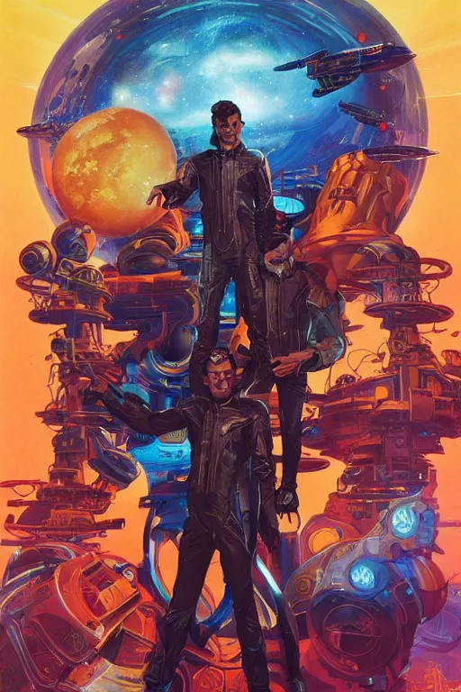 Prompt: Christopher Lloyd and David Tennant are space pirates, science fiction, retro cover, high details, intricate details, by vincent di fate, artgerm julie bell beeple, inking, screen print