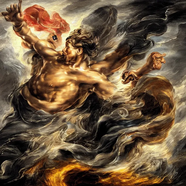 Image similar to mythological god of thunder and artificial intelligence creating an artificial neural network with dark yellow synapses on an anvil, high resolution, award winning art, trending on art station, sharp image, incredibly detailed, god of thunder detailed character realistic painting, painting by peter paul rubens