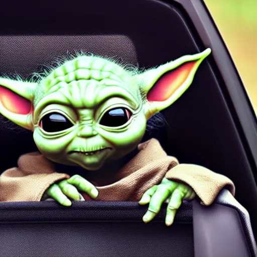 Prompt: baby yoda hanging out of car window screaming at drive thru ordering menu