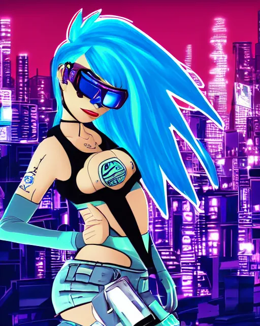 Image similar to cel shaded art of a pretty blue haired girl, jet grind radio graphics, cyberpunk city street background