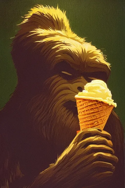 Image similar to bigfoot eating an ice cream cone, masterpiece, dramatic light and shadow, saturated colors, ciaroscuro. painted by norman rockwell