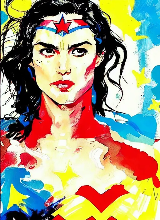 Image similar to portrait of katie mcgrath as wonder woman by ashley wood, yoji shinkawa, jamie hewlett, 6 0's french movie poster, french impressionism, vivid colors, palette knife and brush strokes