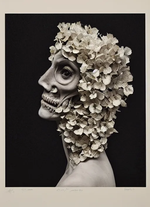 Prompt: a woman's face in profile, made of hydrangea skeleton, in the style of the dutch masters and gregory crewdson, dark and moody