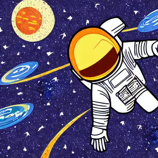 Image similar to Meyoko illustration of an astronaut drifting in space staring at the earth