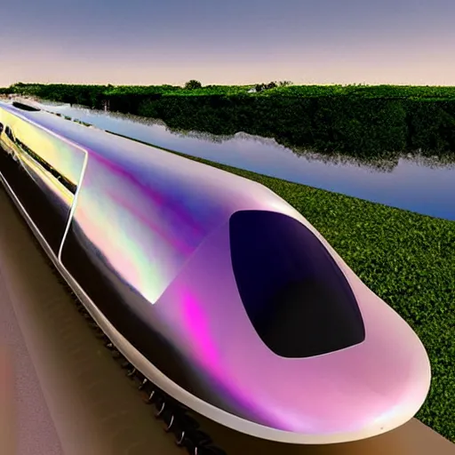 Prompt: solar powered girly suspended! futuristic bullet train!!, mother of pearl iridescent, style of dali, aerodynamic!!!!!!