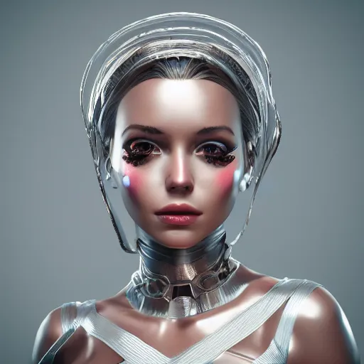 Prompt: beautiful girl in a dress made of metal foil, beautiful portrait, symmetrical, character concept style trending on artstation concept art detailed octane render cinematic photo - realistic 8 k high detailed