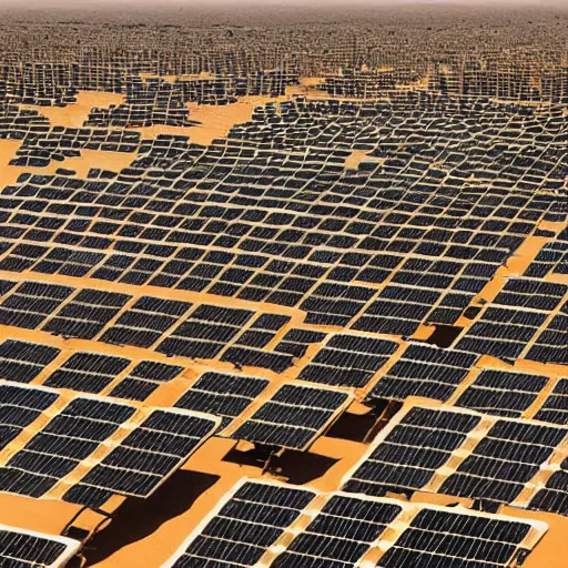 Image similar to award winning national geographic photo of sahara desert covered in huge solar panels