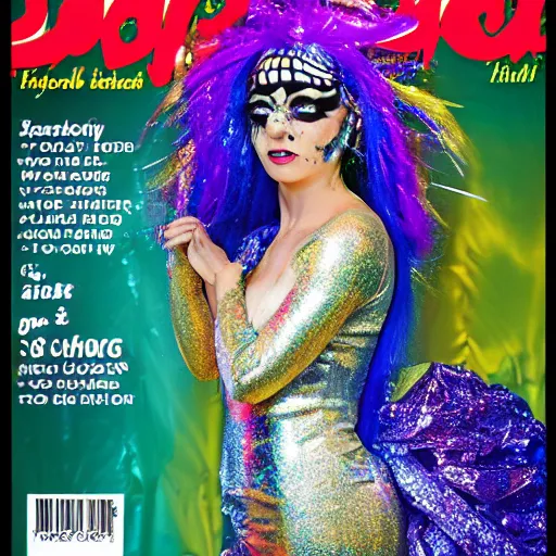 Prompt: jollyfish magazine cover photo, a woman wearing a dress made out of colorful dripping latex and a fancy intricate shiny reflective headdress made out of mirrors, standing in front of a detailed metallic backdrop made out of aluminum foil