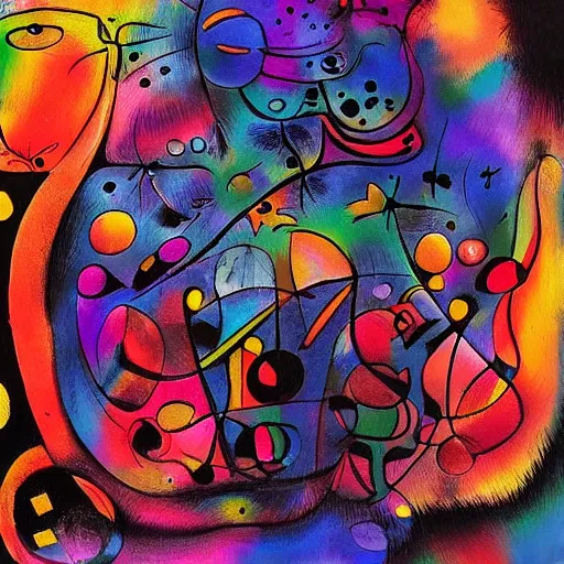 Prompt: masterpiece, black background, psychedelic therapy, artwork by joan miro, trending on ArtStation, ink splatters, pen lines, incredible detail, creative, positive energy, happy, unique, negative space, face, artgerm
