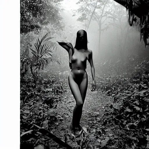 Prompt: photograph of a female model wearing camouflage by yohji yamaoto in a dense and misty jungle in the style of daido moriyama, camera obscura, 3 5 mm photography