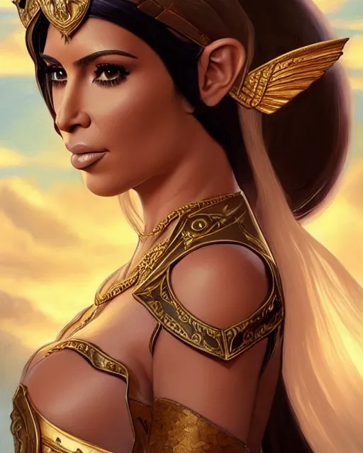 Image similar to A film still of kim kardashian as princess zelda in real life, highly detailed, digital painting, artstation, concept art, sharp focus, illustration, cinematic lighting, art by artgerm and greg rutkowski and alphonse mucha diffuse lighting, fantasy, intricate, elegant, highly detailed, lifelike, photorealistic, digital painting, artstation, illustration, concept art, smooth, sharp focus, art by John Collier and Albert Aublet and Krenz Cushart and Artem Demura and Alphonse Mucha