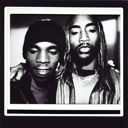 Image similar to Polaroid photograph of Kurt Cobain and Tupac Shakur in a club, blurry, XF IQ4, 150MP, 50mm, F1.4, ISO 200, 1/160s, natural light, Adobe Lightroom, photolab, Affinity Photo, PhotoDirector 365,