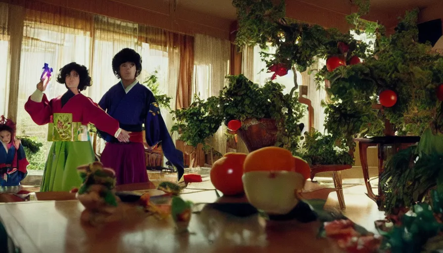 Image similar to movie still by alejandro jodorowsky of a beautiful day in a japanese family living room in a suburban neighborhood, visible magic energy, dream high fashion costumes, fruit trees, glowing ornaments, magical parade float, cinestill 8 0 0 t eastmancolor technicolor, high quality, very detailed, heavy grain, fine facial features, 8 k, octane render