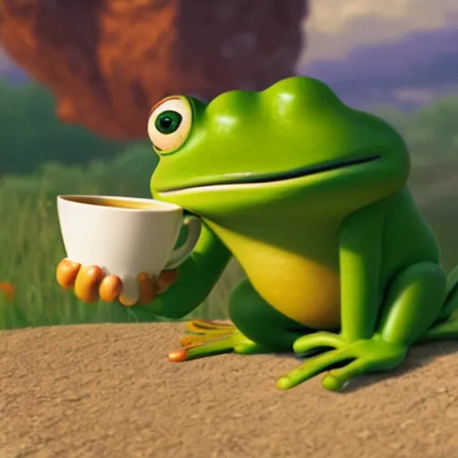 Image similar to a wholesome animation key shot of small pepe the frog holding a cup of coffee on a hill, medium shot, studio ghibli, pixar and disney animation, sharp, rendered in unreal engine 5, anime key art by greg rutkowski, bloom, dramatic lighting