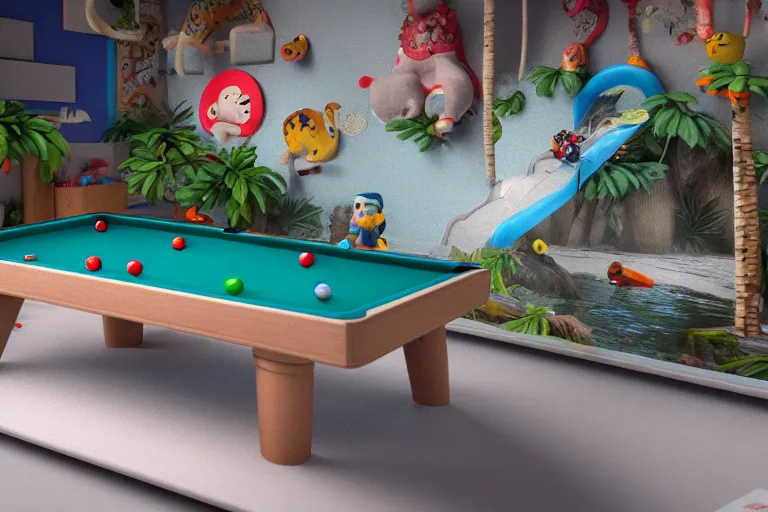 Image similar to fisher price pool table snowy jungle, octane render 85mm