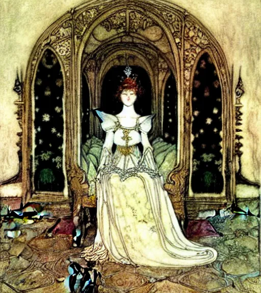 Prompt: a fairy tale princess in a throne room by carl larsson, arthur rackham, john bauer