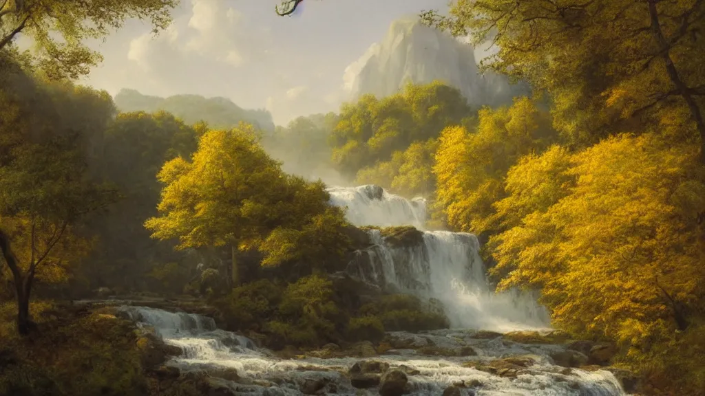 Image similar to A beautiful landscape oil painting of a hill with trees, a person is walking trhough the river and anoter person is sitting under a tree, the summer has arrived and the trees are almost dry, covered with yellow-greenish leafs, the river and the waterfall have almost no water, the river has lots of dark grey rocks, by Greg Rutkowski