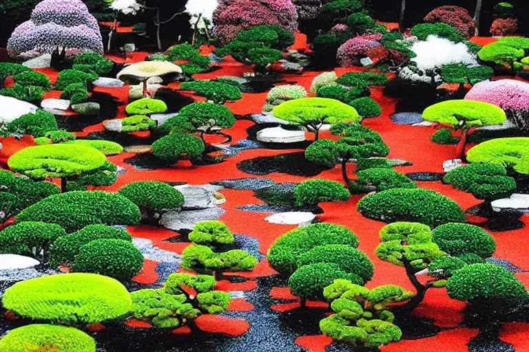 Prompt: japanese garden by yayoi kusama, ultra realistic, highly detailed, symmetrical, enchanting, vibrant,