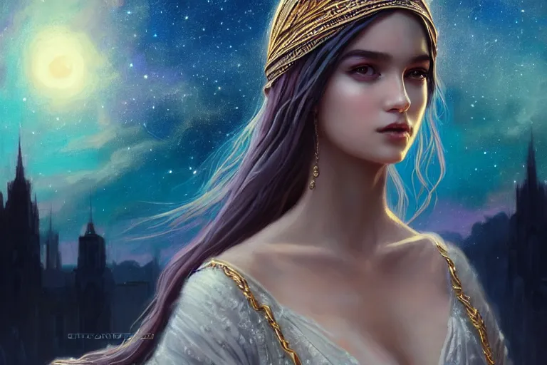 Prompt: masterpiece portrait charming and miracle female luxury astromancer boho accessories in dreamlike movie, high detailed face, art by artgerm, greg rutkowski, sasoura, satchely, big major starry sky and city in background, uhd, medium long shot, fantasy, no distorsion, sharp focus, bright
