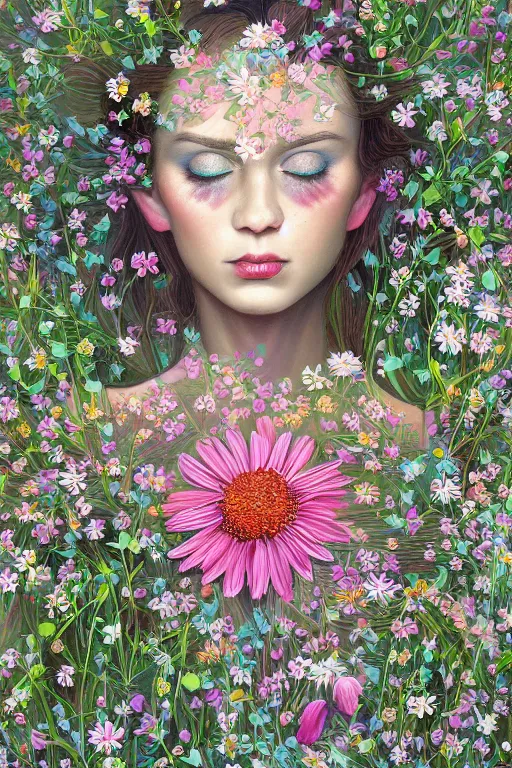 Prompt: beautiful digital matter cinematic painting of whimsical botanical illustration daisies and pearls by alex grey artstation