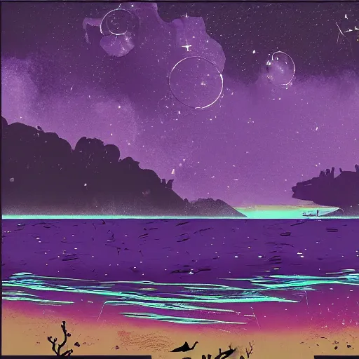 Prompt: sea under starry sky with reefs, collage, light purple tones, animated film, layers visible, stylised, illustration, fantasy art, 2 d game art, by eyvind earle, scott wills, genndy tartakovski, roman shipunov, etienne hebinger, atey ghailan, cgsociety, cynical realism