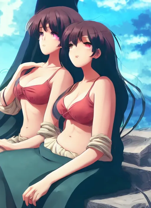 Image similar to two beautiful mothers sitting on a hot summer evening, gorgeous faces, thick lines, cinematic lighting, detailed anime art