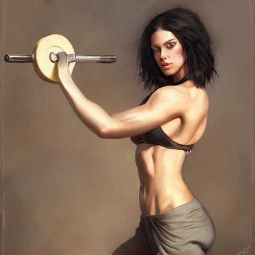 Image similar to painting of a very beautiful girl with muscles lifting weights, by tom bagshaw, greg rutkowski, wlop