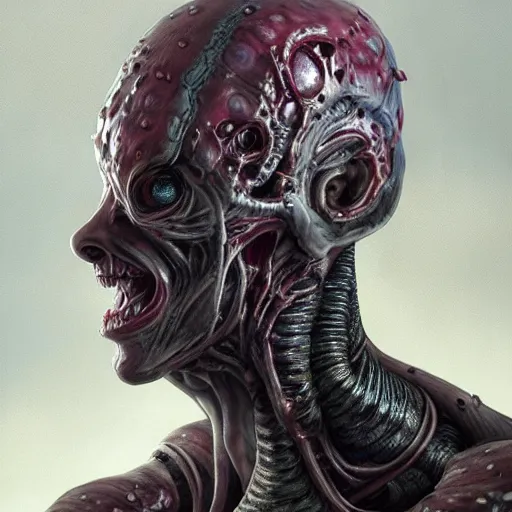 Prompt: portrait of a bloodied ornate filigreed slime dripping genderless insect alien monster, muscles, rippling, space warping and twisting, ultra realistic, concept art, intricate details, eerie, highly detailed, photorealistic, octane render, 8 k, unreal engine. art by artgerm and greg rutkowski and alphonse mucha