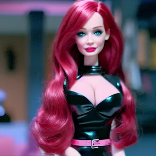 Image similar to amazing beautiful Christina Hendricks barbie doll wearing leather in the living room, film still from the movie directed by Denis Villeneuve , wide lens