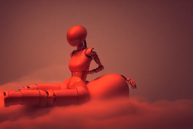 Prompt: a cute robot girl sitting on a cloud relaxing, red lighting, mist, blender render,
