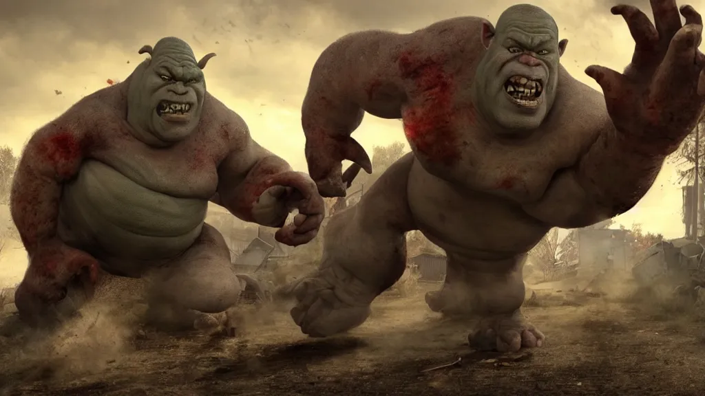 Image similar to a huge violent angry ogre huge violent angry ogre huge violent angry ogre stomps through background smashed trailer homes, people looking on in astonishment