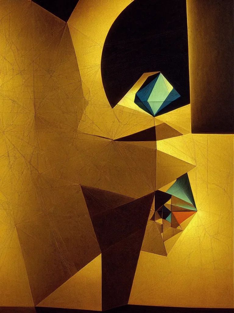 Image similar to hyperrealistic still life portrait of a mind exploding inside of a serene temple, beautiful plans, sacred geometry, light refracting through prisms in a tesseract, by caravaggio, botanical print, surrealism, vivid colors, serene, golden ratio, rule of thirds, negative space, minimalist composition