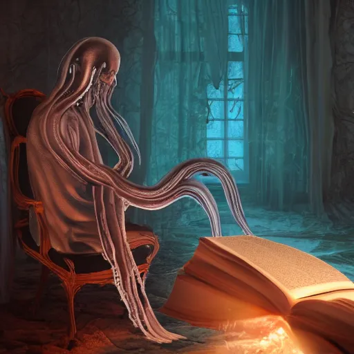 Image similar to a transparent human man ghost is reading a scary book that has come to life with sharp teeth and slimy tentacles emerging from the pages, photo, colorful, artstation, unreal engine, 8K, CGSociety, realistic materials, intricate details, photo-realistic, postprocessing, 4k ultra HD photograph