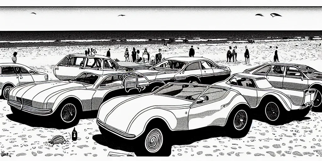 Image similar to vintage cars on a beach, cartoon by moebius, monochrome