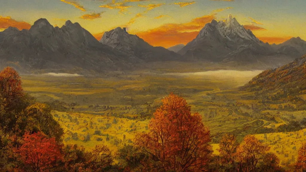 Image similar to The most beautiful panoramic landscape, oil painting, where the mountains are towering over the valley below their peaks shrouded in mist, the sun is just peeking over the horizon producing an awesome flare and the sky is ablaze with warm colors, lots of birds and stratus clouds. The river is winding its way through the valley and the trees are starting to turn yellow and red, by Greg Rutkowski, aerial view, naturalism
