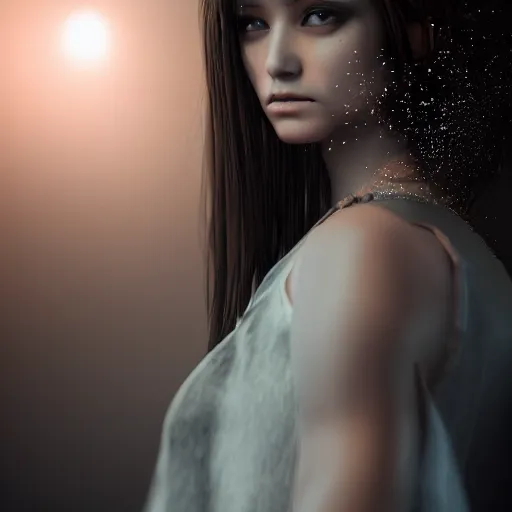 Image similar to beautiful girl in a dress made of black iridescent dust, beautiful portrait, symmetrical, character concept style trending on artstation concept art detailed octane render cinematic photo - realistic 8 k high detailed