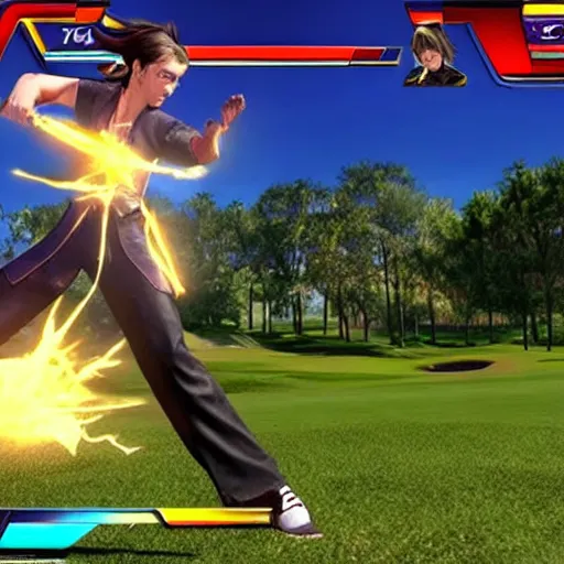 Image similar to Tekken Golf wiht Dota Invoker doing a crazy arcane combo Tekken video game.