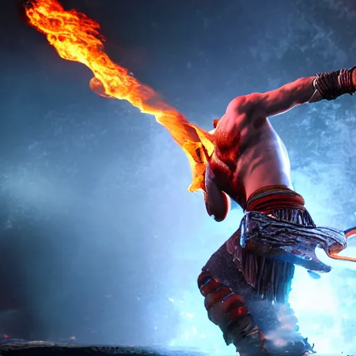 Prompt: kratos shredding on a flaming stratocaster guitar, cinematic render, god of war 2 0 1 8, santa monica studio official media, lightning, spartan rage, head turned