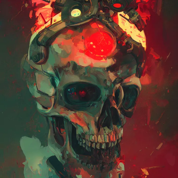 Image similar to a colorful comic noir illustration painting of a cyberpunk skull by sachin teng and sergey kolesov and ruan jia and heng z. hyper detailed. octane render. trending on artstation